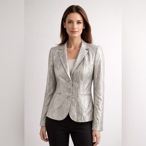 Elie Tahari Silver Metallic Textured Blazer Jacket Women’s Size 10 Career Formal